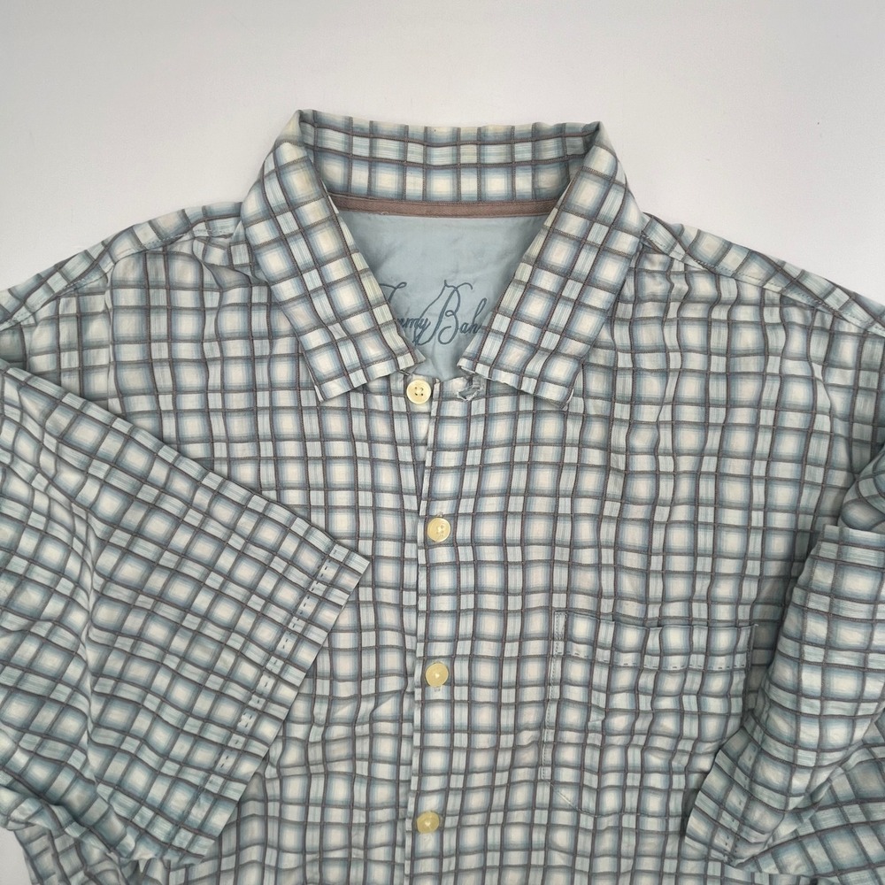Tommy Bahama Mens Blue Plaid Grid Tencel Short Sleeve‎ Button Down Large Shirt